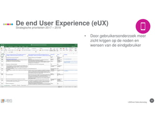 29
De end User Experience (eUX)
Strategische prioriteiten 2017 – 2018
• Door gebruikersonderzoek meer
zicht krijgen op de noden en
wensen van de eindgebruiker
LIBISnet Gebruikersdag
 