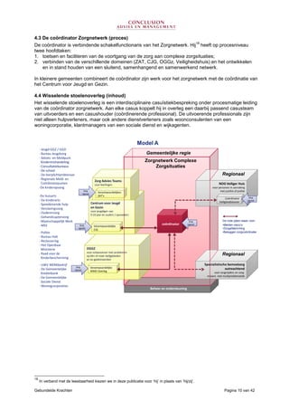 Gebundelde Krachten Pagina 10 van 42
4.3 De coördinator Zorgnetwerk (proces)
De coördinator is verbindende schakelfunctionaris van het Zorgnetwerk. Hij
18
heeft op procesniveau
twee hoofdtaken:
1. toetsen en faciliteren van de voortgang van de zorg aan complexe zorgsituaties;
2. verbinden van de verschillende domeinen (ZAT, CJG, OGGz, Veiligheidshuis) en het ontwikkelen
en in stand houden van een sluitend, samenhangend en samenwerkend netwerk.
In kleinere gemeenten combineert de coördinator zijn werk voor het zorgnetwerk met de coördinatie van
het Centrum voor Jeugd en Gezin.
4.4 Wisselende stoelenoverleg (inhoud)
Het wisselende stoelenoverleg is een interdisciplinaire casuïstiekbespreking onder procesmatige leiding
van de coördinator zorgnetwerk. Aan elke casus koppelt hij in overleg een daarbij passend casusteam
van uitvoerders en een casushouder (coördinerende professional). De uitvoerende professionals zijn
niet alleen hulpverleners, maar ook andere dienstverleners zoals woonconsulenten van een
woningcorporatie, klantmanagers van een sociale dienst en wijkagenten.
De rode pijlen staan voor:
•Melden risico’s
•Zorgafstemming
•Beleggen zorgcoördinatie
Zorgnetwerk Complexe
Zorgsituaties
Gemeentelijke regie
Beheer en ondersteuning
Specialistische bemoeizorg
outreachtend
voor zorgmijders en zorg-
missers met multiproblematiek
Regionaal
NOG Veiliger Huis
voor personen in aanraking
met justitie of politie
Coördinator
Veiligheidskamer
Zorg
signaal
Regionaal
- Jeugd-GGZ / GGD
- Bureau Jeugdzorg
- Advies- en Meldpunt
Kindermishandeling
- Consultatiebureaus
- De school
- De leerplichtambtenaar
- Regionale Meld- en
Coördinatiepunten
-De kinderopvang
-De huisarts
- De kinderarts
- Spoedeisende hulp
- Verslavingszorg
- Ouderenzorg
- Gehandicaptenzorg
- Maatschappelijk Werk
- MEE
- Politie
- Bureau Halt
- Reclassering
- Het Openbaar
Ministerie
- Raad voor de
Kinderbescherming
- UWV WERKbedrijf
- De Gemeentelijke
Kredietbank
- De Gemeentelijke
Sociale Dienst
- Woningcorporaties
coördinator
Zorg
signaal
OGGZ
voor volwassenen met problemen
op één of meer leefgebieden
en ex-gedetineerden
Verantwoordelijke
WMO Overleg
Zorg
signaal
Model A
Zorg Advies Teams
voor leerlingen
Verantwoordelijken
ZAT’s
Zorg
signaal
Centrum voor Jeugd
en Gezin
voor jeugdigen van
0-23 jaar en ouders / opvoeders
Verantwoordelijke
CJG
Zorg
signaal
18
In verband met de leesbaarheid kiezen we in deze publicatie voor ‘hij’ in plaats van ‘hij/zij’.
 