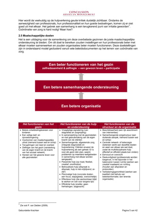 Gebundelde Krachten Pagina 5 van 42
Hier wordt de veelvuldig op de hulpverlening geuite kritiek duidelijk zichtbaar. Ondanks de
aanwezigheid van professionals, hun professionaliteit en hun goede bedoelingen, komen zij er niet
goed uit met elkaar. Het gebrek aan samenhang is een terugkerend punt van irritatie geworden
7
.
Coördinatie van zorg is hard nodig! Maar hoe?
2.5 Maatschappelijke doelen
Het is een uitdaging voor de samenleving om deze overbelaste gezinnen de juiste maatschappelijke
ondersteuning te bieden. Om dit doel te bereiken zouden instellingen en hun professionals beter met
elkaar moeten samenwerken en zouden organisaties beter moeten functioneren. Deze doelstellingen
zijn in onderstaand model geclusterd vanuit vele beleidsdocumenten op het terrein van coördinatie van
zorg.
Het functioneren van het
gezin
Het functioneren van de hulp
en ondersteuning
Het functioneren van de
structuur en de organisatie
• Betere ontwikkelingskansen voor
kinderen
• Een veilige leef- en
opvoedomgeving
• Voorkomen van maatschappelijke
uitval (niemand tussen wal en schip)
• Terugdringen van leed en overlast
• Zelfregie van het gezin (versterking
van de eigen kracht en de kracht
van het sociaal netwerk)
• Herstel van het gewone leven voor
alle gezinsleden
• Vroegtijdige signalering (van
stagnaties en zorgmijding)
• In samenwerking met de gezinsleden
en met gebruikmaking van de eigen
kracht van de cliënten
• Samenhangende, afgestemde zorg
(integrale diagnostiek en
hulpverlening. Cliënten ervaren de
hulpverlening als een geheel. Er is
voor elk gezin één plan, waarin
problemen op meerdere leefgebieden
in samenhang met elkaar worden
aangepakt)
• Passende hulp (op maat, flexibel,
creatief, onorthodox)
• Betrouwbare hulp (afspraak is
afspraak, hulp is niet-vrijblijvend, er-
zijn)
• Planmatige hulp (concrete doelen,
een focus, stapsgewijs, overzichtelijk)
• Effectieve hulp (die aantoonbaar blijkt
te werken en ook voor langere tijd)
• Efficiënte hulp (sneller, geen
herhalingen, slagkracht)
• Beschikbaarheid (een rijk assortiment
van interventies)
• Samenhangende zorgstructuur (een
sluitende aanpak, niemand tussen wal
en schip)
• Centrale netwerk- of ketenregie
(iedereen werkt aan dezelfde doelen
en weet van elkaar wie wat doet,
zodat de multidisciplinaire hulp
effectief en efficiënt plaats kan vinden)
• Eenvoud en overzicht
• Deskundigheid (professionals worden
toegerust, in het bijzonder in het
balanceren tussen ruimte (werken aan
creatief maatwerk) en richting
(houden aan afspraken en
protocollen)
• Verbeteringsgerichtheid (werken aan
kwaliteit met behulp van
beleidsinformatie; een lerende
organisatie)
7
Zie ook P. van Delden (2009).
Een beter functioneren van het gezin
zelfredzaamheid & zelfregie – een gewoon leven – participatie
Een betere samenhangende ondersteuning
Een betere organisatie
 