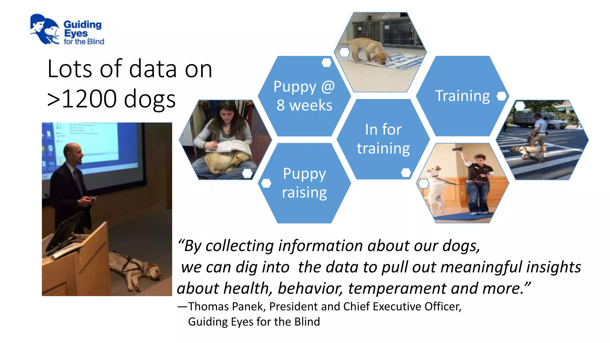 Lots of data on
>1200 dogs
Puppy
raising
In for
training
Puppy @
8 weeks
Training
“By collecting information about our dogs,
we can dig into the data to pull out meaningful insights
about health, behavior, temperament and more.”
—Thomas Panek, President and Chief Executive Officer,
Guiding Eyes for the Blind
 