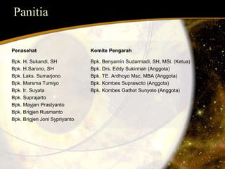 Panitia 
Penasehat Komite Pengarah 
Bpk. H. Sukandi, SH Bpk. Benyamin Sudarmadi, SH, MSi. (Ketua) 
Bpk. H.Sarono, SH Bpk. Drs. Eddy Sukirman (Anggota) 
Bpk. Laks. Sumarjono Bpk. TE. Ardhoyo Msc, MBA (Anggota) 
Bpk. Marsma Tumiyo Bpk. Kombes Suprawoto (Anggota) 
Bpk. Ir. Suyata Bpk. Kombes Gathot Sunyoto (Anggota) 
Bpk. Suprajarto 
Bpk. Mayjen Prastyanto 
Bpk. Brigjen Rusmanto 
Bpk. Brigjen Joni Sypriyanto 
 