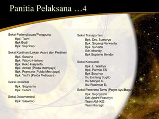 Panitia Pelaksana …4 
Seksi Perlengkapan/Panggung 
Bpk. Totro 
Bpk Budi 
Bpk. Suprihno 
Seksi Kordinasi Lokasi Acara dan Perijinan 
Bpk. Suratno 
Bpk. Wijoyo Hartono 
Bpk. Koko Haryanto 
Bpk. Arwan (Polda Metrojaya) 
Bpk. Pramono (Polda Metrojaya) 
Bpk. Yudhi (Polda Metrojaya) 
Seksi Dekorasi 
Bpk. Sugiyanto 
Bpk. Suradi 
Seksi Dokumentasi 
Bpk. Sarwono 
Seksi Transportasi 
Bpk. Drs. Sumaryo 
Bpk. Sugeng Narwanto 
Bpk. Suharto 
Sdr. Irhandy 
Bpk Suparno Bendol 
Seksi Konsumsi 
Bpk. L. Wadiyo 
Bpk. Parmin ES 
Bpk Surahyo 
Ibu Endang Sugito 
Ibu Maryati S. 
Ibu Wasimun S. 
Seksi Penerima Tamu (Pager Ayu/Bagus) : 
Bpk. Supriyatno 
Sdr. Andre Prasetyo 
Team AM-IKG 
Team Ikaragil 
 