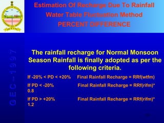 Estimation Of Recharge Due To Rainfall Water Table Fluctuation Method PERCENT DIFFERENCE G E C – 1 9 9 7 The rainfall recharge for Normal Monsoon Season Rainfall is finally adopted as per the following criteria. If -20% < PD < +20%  Final Rainfall Recharge = RRf(wtfm) If PD < -20%  Final Rainfall Recharge = RRf(rifm)* 0.8 If PD > +20%  Final Rainfall Recharge = RRf(rifm)* 1.2 