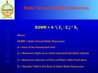 Static Ground Water Resources G E C – 1 9 9 7 SGWR = A *( Z 2  - Z 1 ) * S Y Where SGWR = Static Ground Water Resources A = Area of the Assessment Unit Z 2  = Maximum depth up to which saturated formation extends  Z 1  = Maximum extension of Zone of Water Table Fluctuation S Y  = Specific Yield in the Zone of Static Water Resources. 