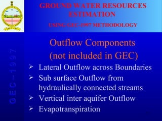GROUND WATER RESOURCES ESTIMATION  USING GEC-1997 METHODOLOGY G E C – 1 9 9 7 Outflow Components (not included in GEC) Lateral Outflow across Boundaries Sub surface Outflow from hydraulically connected streams Vertical inter aquifer Outflow Evapotranspiration 