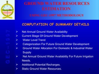 GROUND WATER RESOURCES ESTIMATION  USING GEC-1997 METHODOLOGY G E C – 1 9 9 7 COMPUTATION OF SUMMARY DETAILS Net Annual Ground Water Availability Current Stage Of Ground Water Development  Water Level Trend Categorization For Future Ground Water Development Ground Water Allocation For Domestic & Industrial Water  Supply Net Annual Ground Water Availability For Future Irrigation  Needs. Additional Potential Recharges. Static Ground Water Resources. 