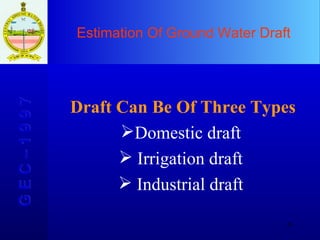 Estimation Of Ground Water Draft G E C – 1 9 9 7 Draft Can Be Of Three Types Domestic draft Irrigation draft Industrial draft 
