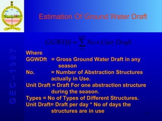 Estimation Of Ground Water Draft G E C – 1 9 9 7 Where  GGWDft  = Gross Ground Water Draft in any  season No.  = Number of Abstraction Structures  actually in Use. Unit Draft = Draft For one abstraction structure  during the season. Types = No of Types of Different Structures. Unit Draft= Draft per day * No of days the  structures are in use  