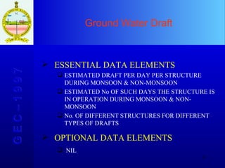 Ground Water Draft  G E C – 1 9 9 7 ESSENTIAL DATA ELEMENTS ESTIMATED DRAFT PER DAY PER STRUCTURE DURING MONSOON & NON-MONSOON ESTIMATED No OF SUCH DAYS THE STRUCTURE IS IN OPERATION DURING MONSOON & NON-MONSOON No. OF DIFFERENT STRUCTURES FOR DIFFERENT TYPES OF DRAFTS OPTIONAL DATA ELEMENTS NIL 