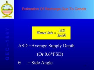 Estimation Of Recharge Due To Canals G E C – 1 9 9 7 ASD =Average Supply Depth (Or 0.6*FSD)    = Side Angle 
