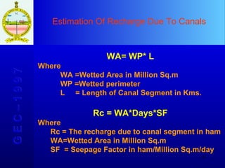 Estimation Of Recharge Due To Canals G E C – 1 9 9 7 WA= WP* L Where  WA =Wetted Area in Million Sq.m WP =Wetted perimeter L  = Length of Canal Segment in Kms. Rc = WA*Days*SF Where  Rc = The recharge due to canal segment in ham WA=Wetted Area in Million Sq.m SF  = Seepage Factor in ham/Million Sq.m/day 