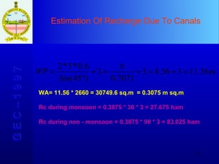 Estimation Of Recharge Due To Canals G E C – 1 9 9 7 WA= 11.56 * 2660 = 30749.6 sq.m  = 0.3075 m sq.m Rc during monsoon = 0.3075 * 30 * 3 = 27.675 ham Rc during non - monsoon = 0.3075 * 90 * 3 = 83.025 ham 