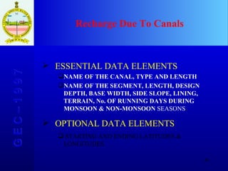 Recharge Due To Canals   G E C – 1 9 9 7 ESSENTIAL DATA ELEMENTS NAME OF THE CANAL, TYPE AND LENGTH NAME OF THE SEGMENT, LENGTH, DESIGN DEPTH, BASE WIDTH, SIDE SLOPE, LINING, TERRAIN, No. OF RUNNING DAYS DURING MONSOON & NON-MONSOON  SEASONS . OPTIONAL DATA ELEMENTS STARTING AND ENDING LATITUDES & LONGITUDES 