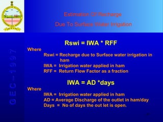 Estimation Of Recharge  Due To Surface Water Irrigation G E C – 1 9 9 7 Rswi = IWA * RFF Where Rswi = Recharge due to Surface water irrigation in  ham IWA =  Irrigation water applied in ham RFF =  Return Flow Factor as a fraction   IWA = AD *days Where IWA =  Irrigation water applied in ham AD = Average Discharge of the outlet in ham/day Days  =  No of days the out let is open.  