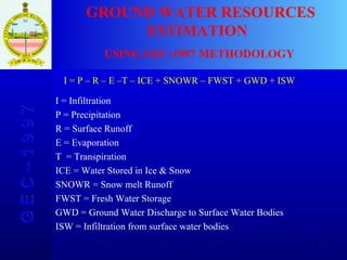 G E C – 1 9 9 7 GROUND WATER RESOURCES ESTIMATION  USING GEC-1997 METHODOLOGY I = P – R – E –T – ICE + SNOWR – FWST +   GWD + ISW I = Infiltration P = Precipitation R = Surface Runoff E = Evaporation T  = Transpiration ICE = Water Stored in Ice & Snow SNOWR = Snow melt Runoff FWST = Fresh Water Storage GWD = Ground Water Discharge to Surface Water Bodies ISW = Infiltration from surface water bodies 