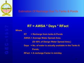 Estimation Of Recharge Due To Tanks & Ponds G E C – 1 9 9 7 RT = AWSA * Days * RFact Where  RT  = Recharge from tanks & Ponds AWSA = Average Water Spread Area. (Or 60% of Design Water Spread Area.) Days  = No. of water is actually available in the Tanks &    Ponds. RFact  = A recharge Factor in mm/day 