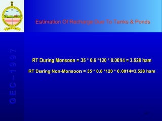 Estimation Of Recharge Due To Tanks & Ponds G E C – 1 9 9 7 RT During Monsoon = 35 * 0.6 *120 * 0.0014 = 3.528 ham RT During Non-Monsoon = 35 * 0.6 *120 * 0.0014=3.528 ham 