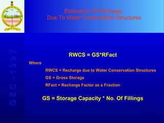 Estimation Of Recharge  Due To Water Conservation Structures G E C – 1 9 9 7 RWCS = GS*RFact Where RWCS = Recharge due to Water Conservation Structures  GS = Gross Storage RFact = Recharge Factor as a Fraction GS = Storage Capacity * No. Of Fillings 