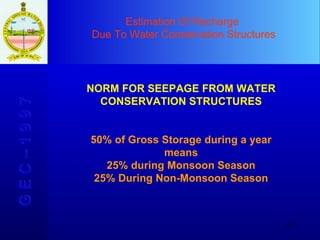 Estimation Of Recharge  Due To Water Conservation Structures G E C – 1 9 9 7 NORM FOR SEEPAGE FROM WATER CONSERVATION STRUCTURES 50% of Gross Storage during a year means 25% during Monsoon Season 25% During Non-Monsoon Season 