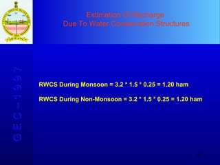Estimation Of Recharge  Due To Water Conservation Structures G E C – 1 9 9 7 RWCS During Monsoon = 3.2 * 1.5 * 0.25 = 1.20 ham RWCS During Non-Monsoon = 3.2 * 1.5 * 0.25 = 1.20 ham 