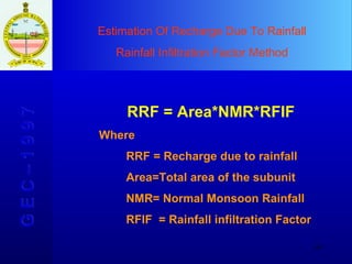 Estimation Of Recharge Due To Rainfall Rainfall Infiltration Factor Method G E C – 1 9 9 7 RRF = Area*NMR*RFIF Where  RRF = Recharge due to rainfall Area=Total area of the subunit NMR= Normal Monsoon Rainfall RFIF  = Rainfall infiltration Factor 