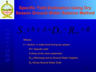 Specific Yield Estimation Using Dry Season Ground Water Balance Method  G E C – 1 9 9 7 Where  h = decline  in water level during dry season SY= Specific yield  A=Area of the micro watershed R GW =Recharge due to Ground Water Irrigation D G =Gross Ground Water Draft 
