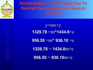 Normalization of Recharge Due To Rainfall During Monsoon Season Y=mX+c G E C – 1 9 9 7 y=mx+c 1329.78   =m* 1 434.8 +c 956.50  =m*  9 36.10  +c 1329.78   =  1 434.8 m+c 956.50  =  9 36.10 m+c 