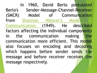 In 1960, David Berlo postulated
Berlo's Sender-Message-Channel-Receiver
(SMCR) Model of Communication
from Shannon Weaver's Model of
Communication (1949). He described
factors affecting the individual components
in the communication making the
communication more efficient. This model
also focuses on encoding and decoding
which happens before sender sends the
message and before receiver receives the
message respectively.
 