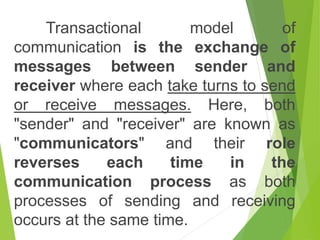 Transactional model of
communication is the exchange of
messages between sender and
receiver where each take turns to send
or receive messages. Here, both
"sender" and "receiver" are known as
"communicators" and their role
reverses each time in the
communication process as both
processes of sending and receiving
occurs at the same time.
 