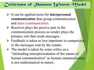 ➢ It can be applied more for interpersonal
communication than group communication
and mass communication.
➢ Receiver plays the passive part in the
communication process as sender plays the
primary role that sends messages.
➢ Feedback is taken as less important in comparison
to the messages sent by the sender.
➢ The model is taken by some critics as a
"misleading misrepresentation of the nature of
human communication" as human communication
is not mathematical in nature.
Criticisms of Shannon-Weaver Model
 