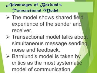 ➢ The model shows shared field
experience of the sender and
receiver.
➢ Transactional model talks about
simultaneous message sending,
noise and feedback.
➢ Barnlund’s model is taken by
critics as the most systematic
model of communication.
Advantages of Barlund’s
Transactional Model
 