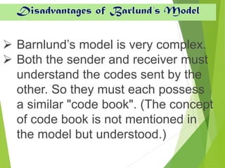 ➢ Barnlund’s model is very complex.
➢ Both the sender and receiver must
understand the codes sent by the
other. So they must each possess
a similar "code book". (The concept
of code book is not mentioned in
the model but understood.)
Disadvantages of Barlund’s Model
 