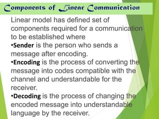 Linear model has defined set of
components required for a communication
to be established where
•Sender is the person who sends a
message after encoding.
•Encoding is the process of converting the
message into codes compatible with the
channel and understandable for the
receiver.
•Decoding is the process of changing the
encoded message into understandable
language by the receiver.
Components of Linear Communication
 