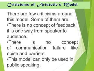 There are few criticisms around
this model. Some of them are:
•There is no concept of feedback,
it is one way from speaker to
audience.
•There is no concept
of communication failure like
noise and barriers.
•This model can only be used in
public speaking.
Criticisms of Aristotle’s Model
 