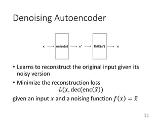 Denoising Autoencoder
• Learns to reconstruct the original input given its
noisy version
• Minimize the reconstruction loss
𝐿(𝑥, dec(enc )𝑥 )
given an input 𝑥 and a noising function 𝑓 𝑥 = )𝑥
11
 