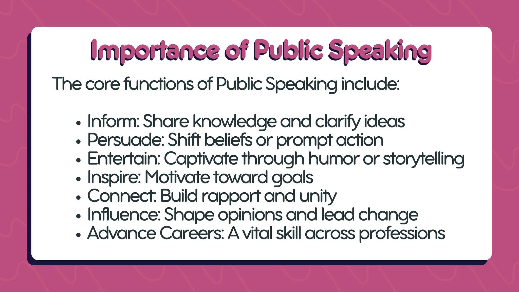 Importance of Public Speaking
Importance of Public Speaking
ThecorefunctionsofPublicSpeakinginclude:
Inform:Shareknowledgeandclarifyideas
Persuade:Shiftbeliefsorpromptaction
Entertain:Captivatethroughhumororstorytelling
Inspire:Motivatetowardgoals
Connect:Buildrapportandunity
Influence:Shapeopinionsandleadchange
AdvanceCareers:Avitalskillacrossprofessions
 