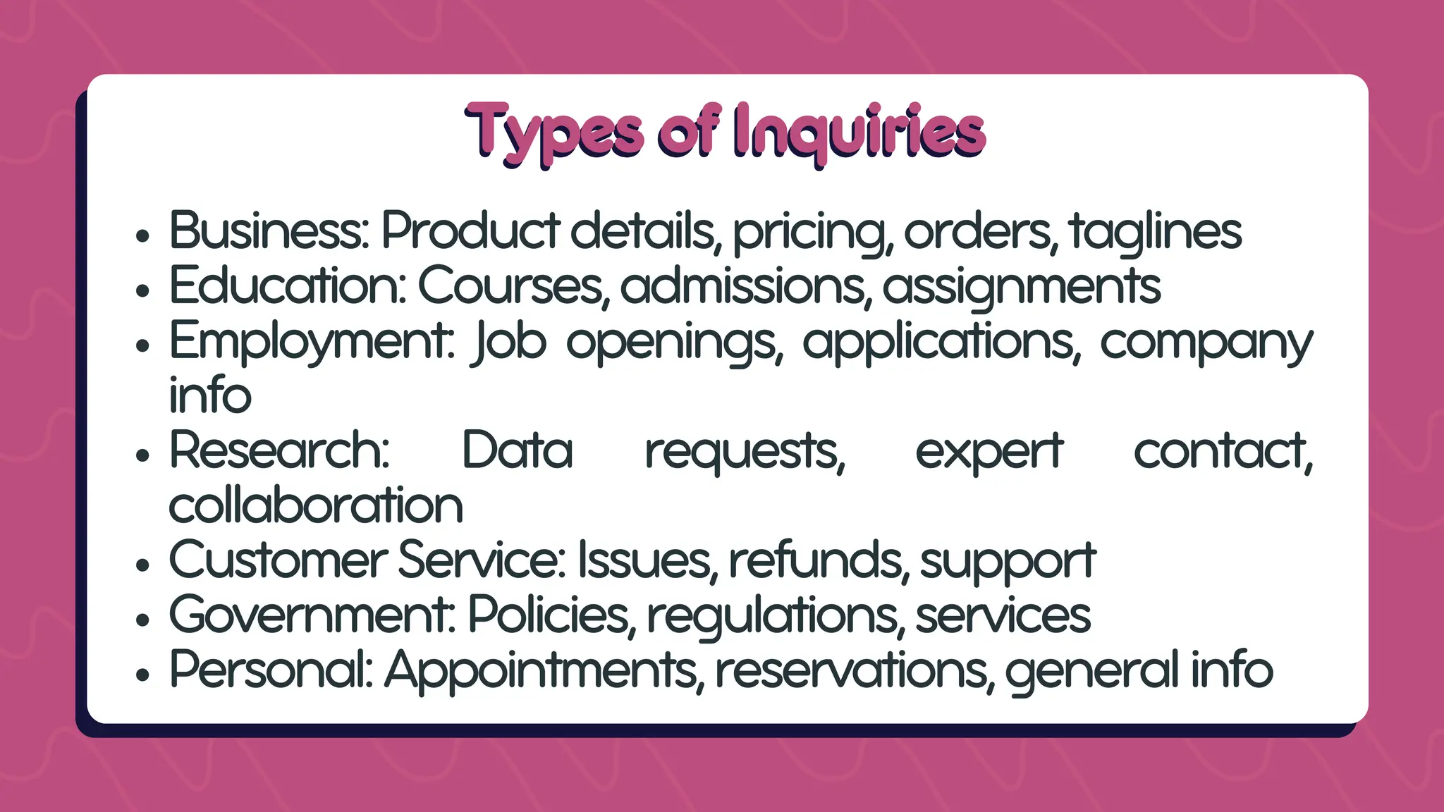Types of Inquiries
Types of Inquiries
Business:Productdetails,pricing,orders,taglines
Education:Courses,admissions,assignments
Employment: Job openings, applications, company
info
Research: Data requests, expert contact,
collaboration
CustomerService:Issues,refunds,support
Government:Policies,regulations,services
Personal:Appointments,reservations,generalinfo
 