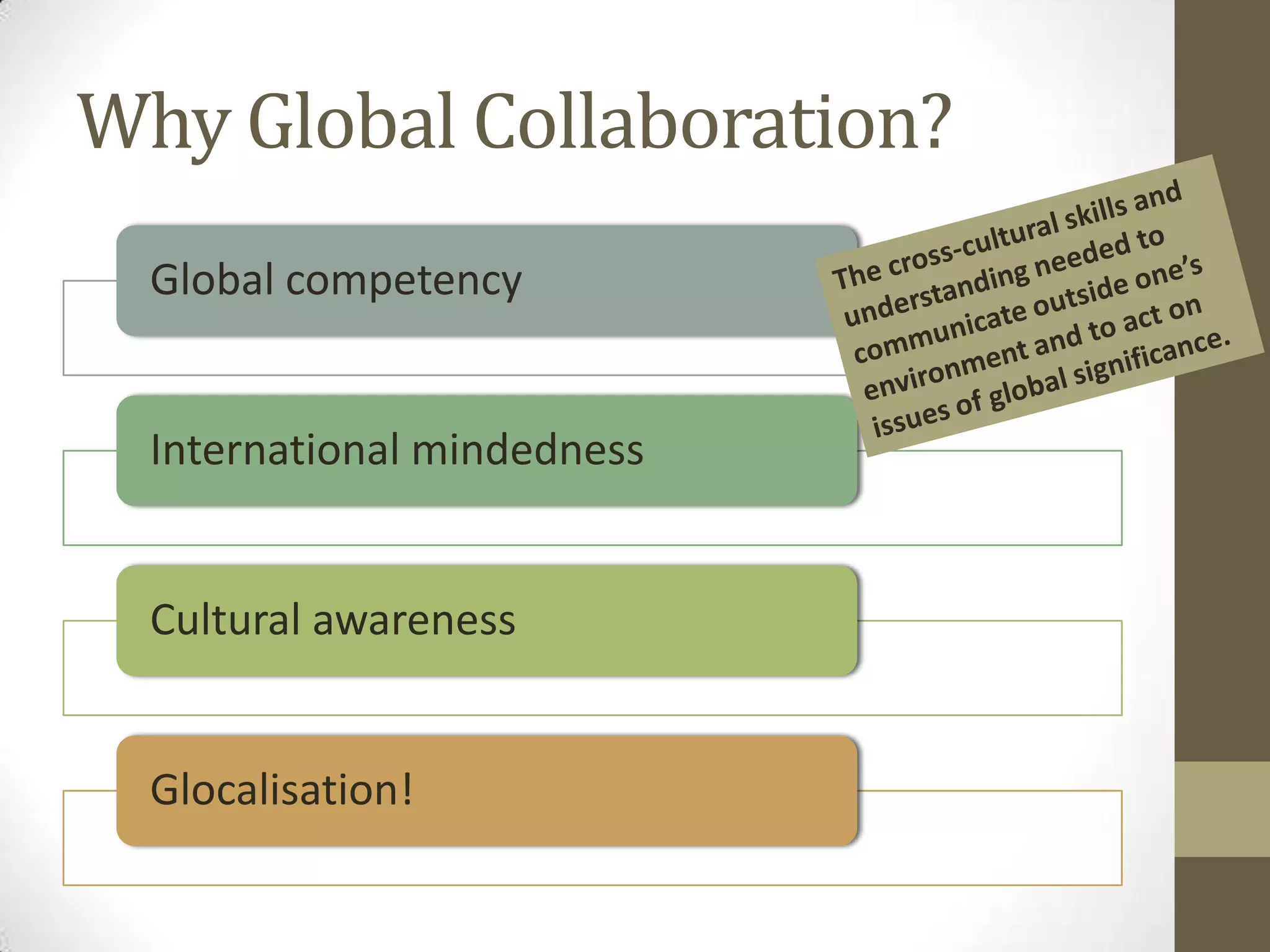 Why Global Collaboration?
  Global competency


  International mindedness


  Cultural awareness


  Glocalisation!
 