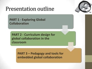 Presentation outline
 PART 1 - Exploring Global
 Collaboration


  PART 2 - Curriculum design for
  global collaboration in the
  classroom


      PART 3 – Pedagogy and tools for
      embedded global collaboration
 