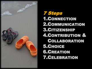 7 Steps
1.CONNECTION
2.COMMUNICATION
3.CITIZENSHIP
4.CONTRIBUTION &
  COLLABORATION
5.CHOICE
6.CREATION
7.CELEBRATION
 