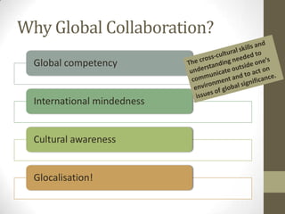 Why Global Collaboration?
  Global competency


  International mindedness


  Cultural awareness


  Glocalisation!
 
