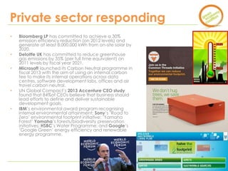 www.greeneconomycoalition.org 
Private sector responding 
• Bloomberg LP has committed to achieve a 30% 
emission efficiency reduction (on 2012 levels) and 
generate at least 8,000,000 kWh from on-site solar by 
2020. 
• Deloitte UK has committed to reduce greenhouse 
gas emissions by 35% (per full time equivalent) on 
2011 levels by fiscal year 2021. 
• Microsoft launched its Carbon Neutral programme in 
fiscal 2013 with the aim of using an internal carbon 
fee to make its internal operations across data 
centres, software development labs, offices and air 
travel carbon neutral. 
• UN Global Compact’s 2013 Accenture CEO study 
found that 84%of CEOs believe that business should 
lead efforts to define and deliver sustainable 
development goals. 
• IBM’s environmental award program recognising 
internal environmental attainment; Sony’s ‘Road to 
Zero’ environmental footprint initiative; ‘Yamaha 
Forest’ Yamaha’s forests/biodiversity preservation 
initiatives; HSBC’s Water Programme; and Google’s 
‘Google Green’ energy efficiency and renewable 
energy programme. 
 