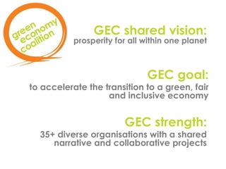 GEC shared vision: 
prosperity for all within one planet 
GEC goal: 
to accelerate the transition to a green, fair 
and inclusive economy 
GEC strength: 
35+ diverse organisations with a shared 
narrative and collaborative projects 
 