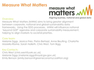 Measure What Matters 
Overview: 
Measure What Matters (MWM) aims to bring greater alignment 
between corporate, national and global sustainability data 
frameworks. Using the SDG processes, MWM will influence national 
‘beyond GDP’ agendas and corporate sustainability measurement, 
helping to align markets to societal priorities. 
Core team: 
Melanie Siggs, Jessica Fries, Pietro Bertazzi, Anne Beutling, Charlotte 
Masiello-Riome, Sarah Nolleth, Chris West, Tom Bigg. 
Key Contacts: 
Chris West (chris.west@york.ac.uk) 
Melanie Siggs (melanie.siggs@royal.gsx.gov.uk) 
Emily Benson (emily.benson@greeneconomycoalition.org) 
 