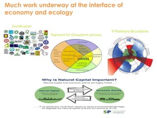 Much work underway at the interface of 
economy and ecology 
Certification 
Payment for Ecosystem services 
9 Planetary Boundaries 
 