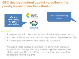 GEC decided natural capital valuation is the 
priority for our collective attention 
We are 
internalising 
negative 
externalities 
Because: 
You’re commoditising 
nature 
• It helps economic power understand the importance of nature 
• It is one of the most controversial components of green economy 
• It is emerging in national and corporate accounts 
• We need to be involved to ensure it is done in an inclusive, 
scientific and transparent way – reflecting the interests of all 
stakeholders AND …that it leads to practical outcomes that 
safeguard natural systems 
 
