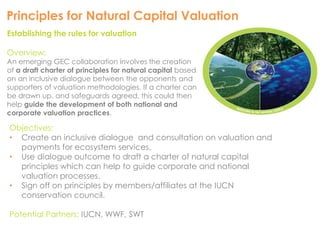 Principles for Natural Capital Valuation 
Establishing the rules for valuation 
Overview: 
An emerging GEC collaboration involves the creation 
of a draft charter of principles for natural capital based 
on an inclusive dialogue between the opponents and 
supporters of valuation methodologies. If a charter can 
be drawn up, and safeguards agreed, this could then 
help guide the development of both national and 
corporate valuation practices. 
Objectives: 
• Create an inclusive dialogue and consultation on valuation and 
payments for ecosystem services. 
• Use dialogue outcome to draft a charter of natural capital 
principles which can help to guide corporate and national 
valuation processes. 
• Sign off on principles by members/affiliates at the IUCN 
conservation council. 
Potential Partners: IUCN, WWF, SWT 
 