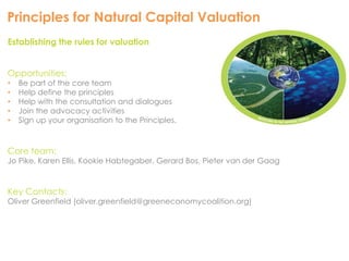 Principles for Natural Capital Valuation 
Establishing the rules for valuation 
Opportunities: 
• Be part of the core team 
• Help define the principles 
• Help with the consultation and dialogues 
• Join the advocacy activities 
• Sign up your organisation to the Principles. 
Core team: 
Jo Pike, Karen Ellis, Kookie Habtegaber, Gerard Bos, Pieter van der Gaag 
Key Contacts: 
Oliver Greenfield (oliver.greenfield@greeneconomycoalition.org) 

