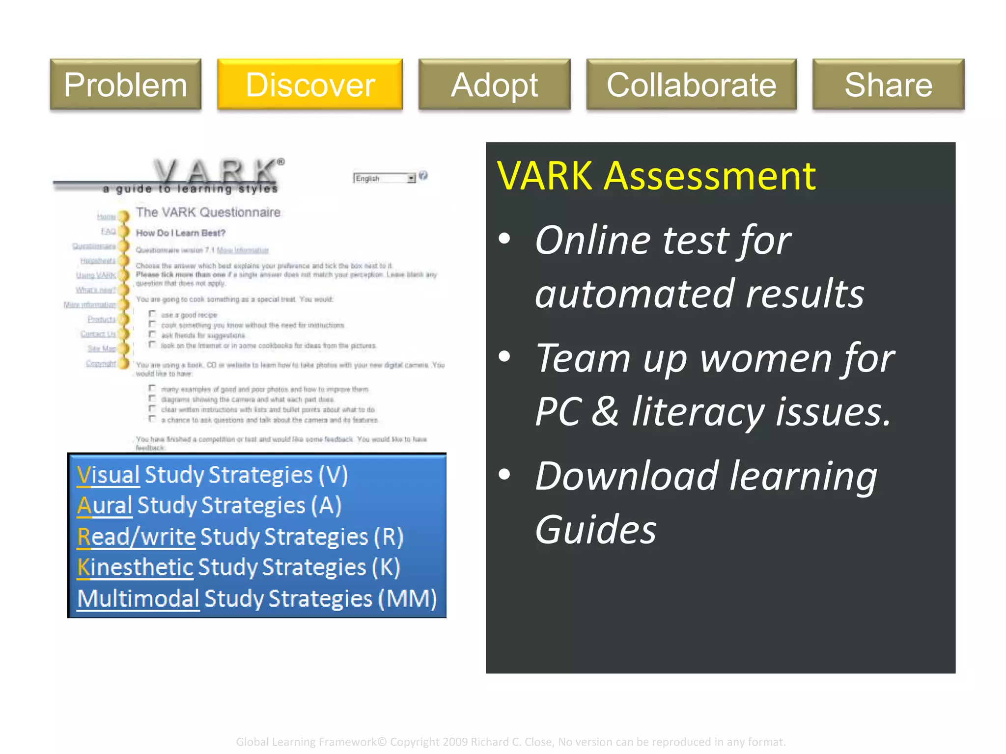 Global Learning Framework© Copyright 2009 Richard C. Close, No version can be reproduced in any format.
Art Lesson
VARK Assessment
• Online test for
automated results
• Team up women for
PC & literacy issues.
• Download learning
Guides
DiscoverProblem Adopt ShareCollaborate
 