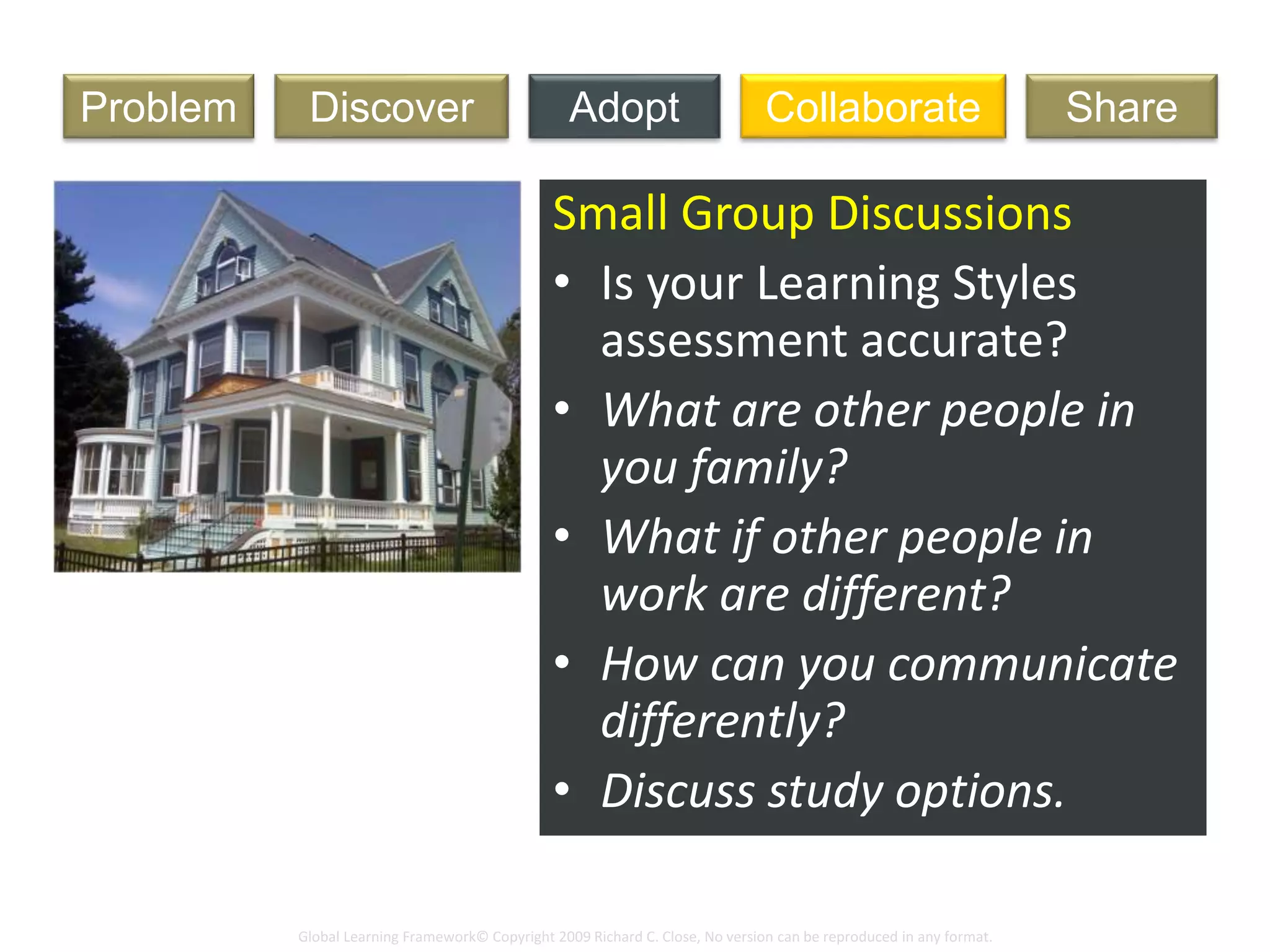 Global Learning Framework© Copyright 2009 Richard C. Close, No version can be reproduced in any format.
Art LessonDiscoverProblem Adopt ShareCollaborate
Small Group Discussions
• Is your Learning Styles
assessment accurate?
• What are other people in
you family?
• What if other people in
work are different?
• How can you communicate
differently?
• Discuss study options.
 